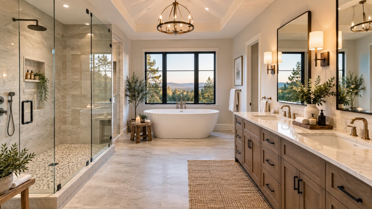 Luxury bathroom renovation with glass shower, freestanding tub, and custom double vanity