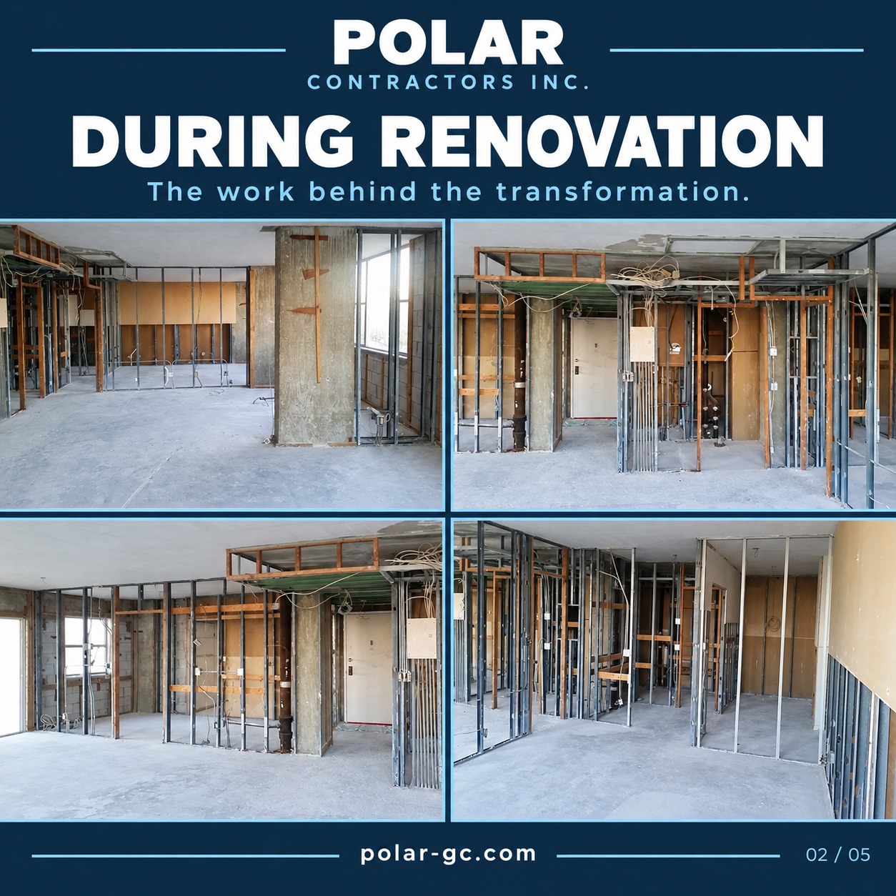 Interior framing and renovation work in progress by Polar Contractors
